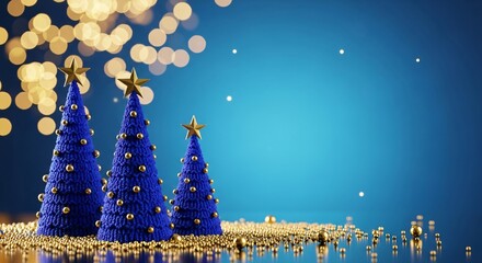 Elegant blue Christmas trees with gold stars, perfect holiday decor concept