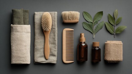 Natural hair care products laid out on a gray surface