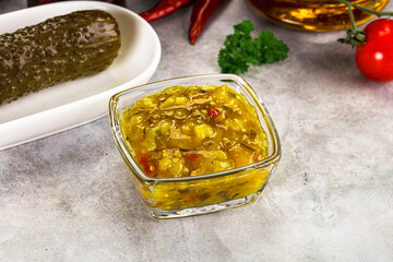 Souce gherkin relish with marinated cucumbers