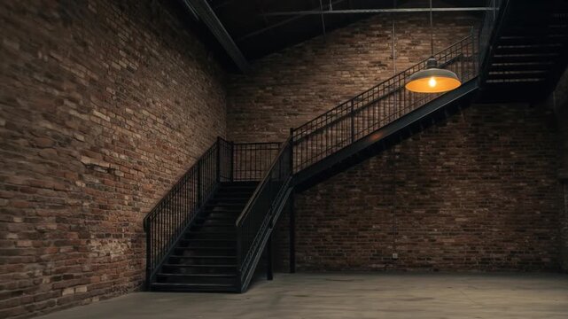 Brick wall with staircase illuminated by single light fixture