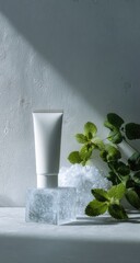 White tube of product on ice cubes, natural light