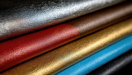 Close-up of stacked leather samples in various colors