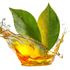 Tea splash with green leaves isolated on transparent background refreshing drink concept