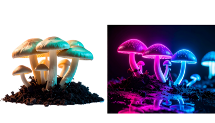 Bioluminescent glowing mushrooms in fantasy forest, isolated on transparent background