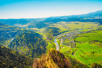 Hiking to peak Tri Koruny or Trzy Korony during day. Pieniny National park in Poland. View from the lookout at the top © Zedspider