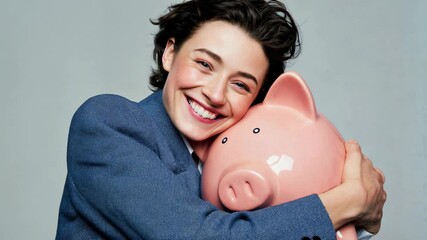 Smiling woman hugging a pink piggy bank, symbolizing personal finance, happiness, and savings success. Ideal for banking, lifestyle, and economic growth concepts. - Powered by Adobe