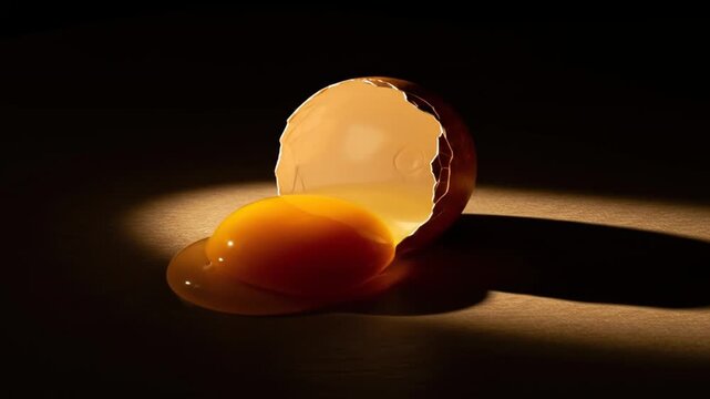 Broken eggshell with yolk spilling under dramatic spotlight