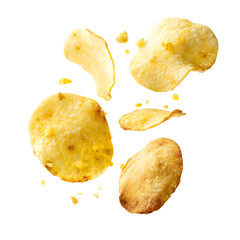 Crispy potato chips floating on a transparent background