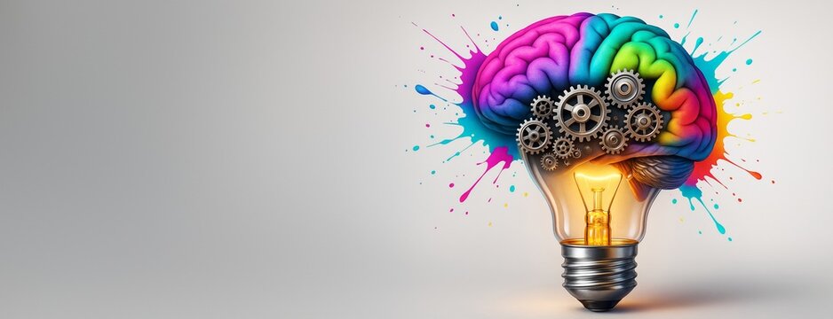 Creative brain and lightbulb concept with colorful splashes, gears, and blank background for innovation, template, poster or banner design use.