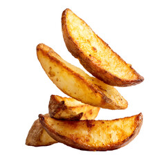 Golden potato wedges floating against a transparent background