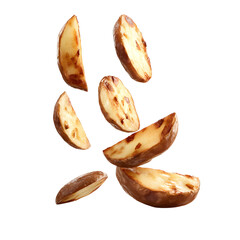 Golden potato wedges isolated on transparent background for food photography and design
