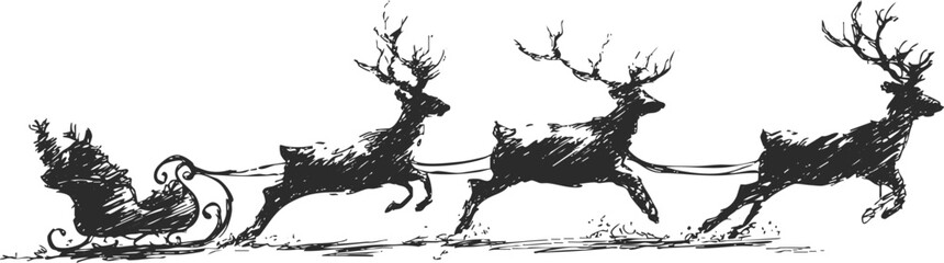 Black and white engraving of Santa Claus flying in his sleigh pulled by reindeer, drawn in classic vintage line style.