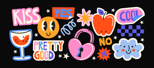 Futuristic y2k patches, labels, tags, stickers, bracelet stamps in retro. Cartoon stickers in funky hipster groovy grunge 90s style. Vector set, trendy promo labels	