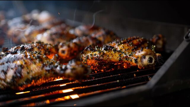 Authentic Jamaican jerk chicken grilling with savory smoke. Delicious meal cooking over hot barbecue flame