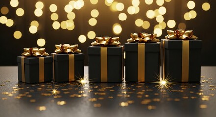 Elegant black gift boxes with gold ribbons and bokeh, luxury celebration