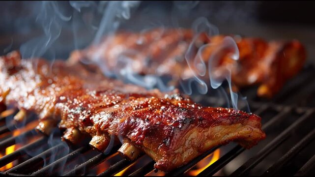 Delicious bbq rib grilling on hot grill with savory food smoke. perfect outdoor cooking meat meal over flame