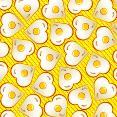 Fried egg pattern. Seamless pattern of fried eggs background. Hand-drawn of fried egg cartoon. Fried egg in love style. Isolated on waffle background.