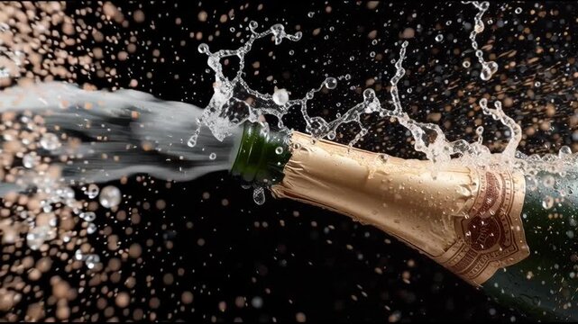 Exciting celebration champagne bottle pop with flying cork and dramatic splash, sparkling bubbly liquid explosion
