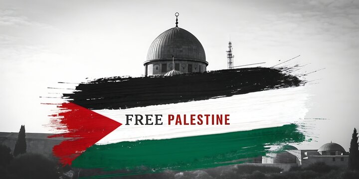 A powerful artistic representation of the palestinian flag overlaid on a historic landscape advocating for freedom and solidarity