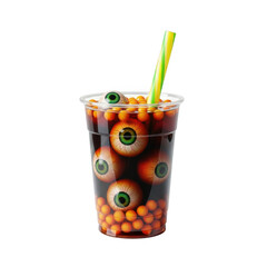 Spooky halloween eyeball drink with straw in plastic cup for scary party isolated on transparent background