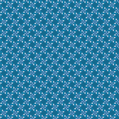 Small white flowers pattern doodle shapes motif continuous  blue background. Modern floral fabric design textile swatch ladies dress, men's shirt all over print block.
