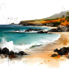 Coastal landscape illustration turquoise waters sandy beach and mountainous terrain