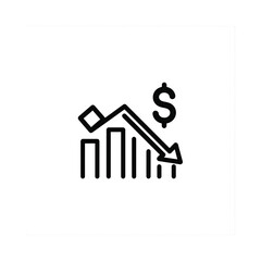 Scalable vector graphic of a downward trend bar chart with dollar sign icon.Professional scalable vector illustration depicting financial decline or stock market crash with a clear dollar symbol 