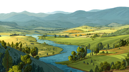 Rolling hills and river valley, isolated on transparent background