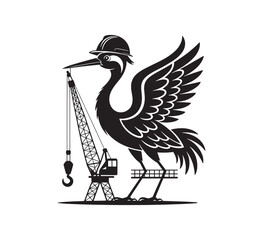 Crane bird wearing a construction helmet operating a crane, black and white silhouette