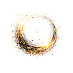 Abstract circular splash design with golden glitter and white liquid elements on transparent background