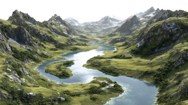 Mountain River Valley 3d rendered, isolated on transparent background