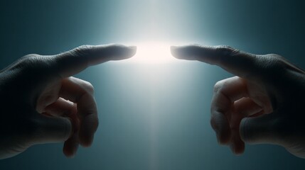 Fingers touching with bright light in center connection and collaboration