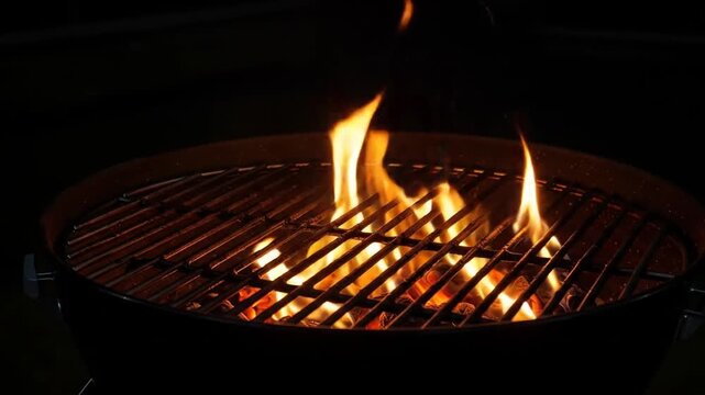 Burning flames on a grill with hot embers and metal grate