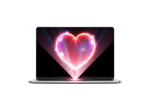 Laptop displaying a glowing heart hologram for valentine's day, love, and technology concepts, isolated on transparent background