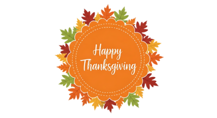 Ultra highresolution, professional studio photography of illustration of happy thanksgiving text inside a decorative circle with autumn leaves isolated on transparent background