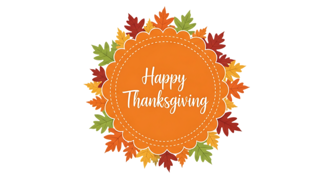 Ultra highresolution, professional studio photography of illustration of happy thanksgiving text inside a decorative circle with autumn leaves isolated on transparent background