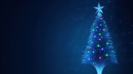 Fiber optic christmas tree with multicolor lights and star, glowing strands in the foreground and dark blue network background with left copyspace, festive digital holiday atmosphere - Powered by Adobe