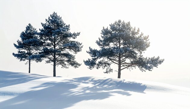 Winter landscape with three pine trees casting long shadows on white snow under bright sunlight, serene seasonal scene.