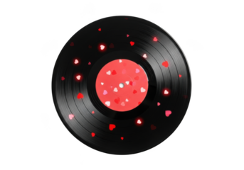 Vinyl record with red hearts, music album disc with love theme, valentine's day decoration, retro style, musical nostalgia, isolated on transparent background