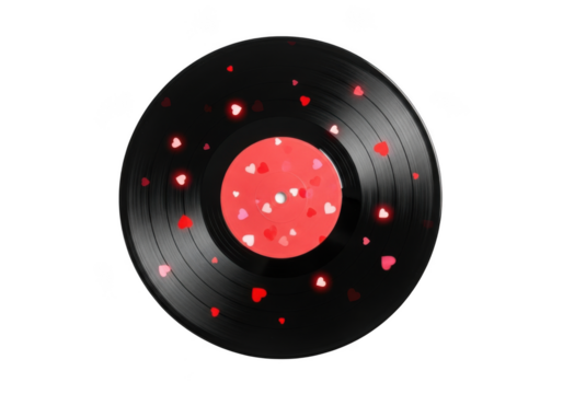 Vinyl record with red hearts, music album disc with love theme, valentine's day decoration, retro style, musical nostalgia, isolated on transparent background