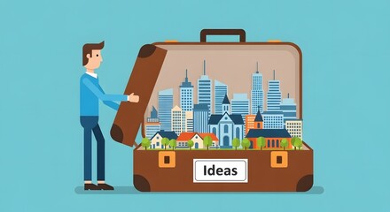 Man opening suitcase filled with miniature buildings and cityscapes, symbolizing creativity and imagination