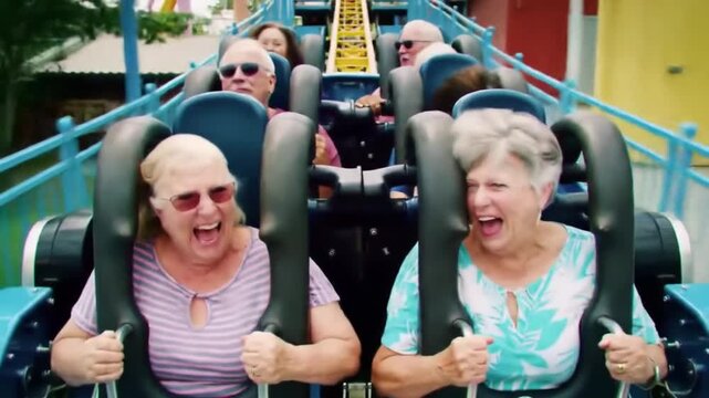 Thrilling Roller Coaster Ride Joyful Seniors Scream with Excitement at Amusement Park.