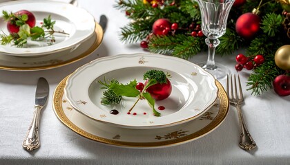 Elegant Christmas Table Setting with Festive Decorations and Fine China.
