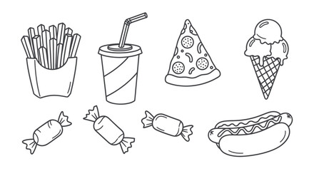 Line art illustration of various fast food items including fries, soda, pizza, ice cream, candy, and a hot dog.