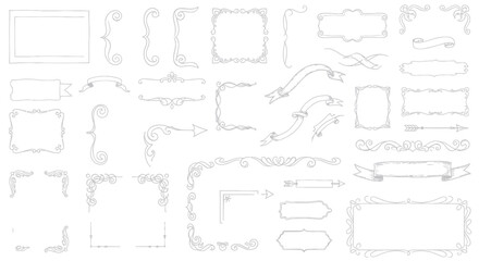 A collection of elegant vintage ornamental frames, borders, and decorative elements in a delicate line art style.