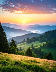 Obraz premium Scenic mountain landscape bathed in the golden light of sunrise