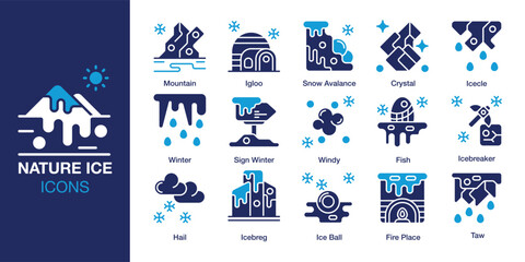 Fototapeta premium Nature Ice icon set. Containing frozen, frost, season, weather, glacier and more. Solid vector icons collection. Vector illustration.