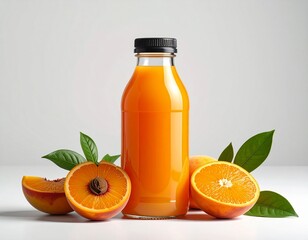 Refreshing orange juice in a bottle with fresh sliced fruit and green leaves