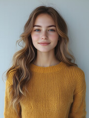 Young woman with wavy hair smiles gently in a cozy mustard sweater against a soft background.