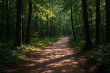 Fototapeta premium Peaceful forest pathway bathed in soft sunlight creating a serene atmosphere for nature walks and calming background inspiration. Ai generative